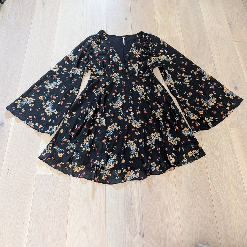 Free People Black Floral Long Sleeve Mini Dress Medium | Boho Romantic | Flowy - Picture 3 of 12